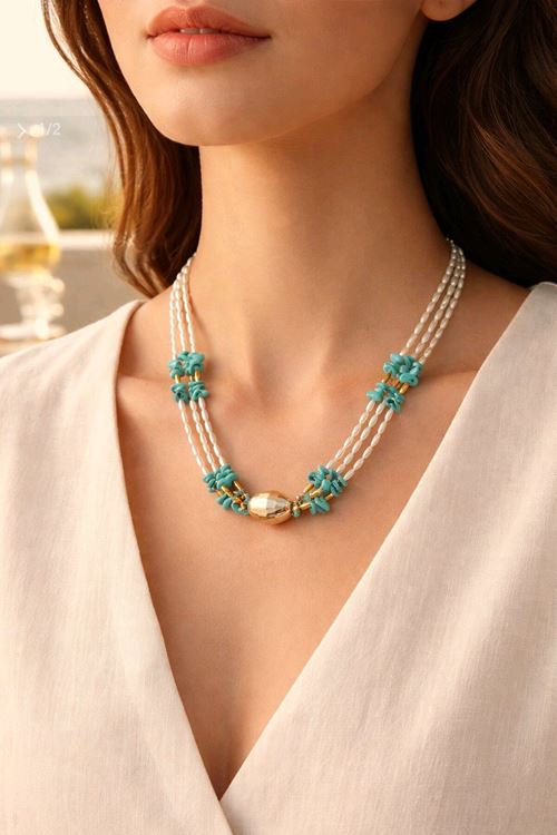 Çoklu İncili Mavi Boncuklu Elegant Kolye