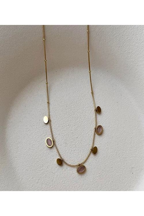 Gold Pembe Taşlı Pullu Renk Atmaz Kararmaz Kolye