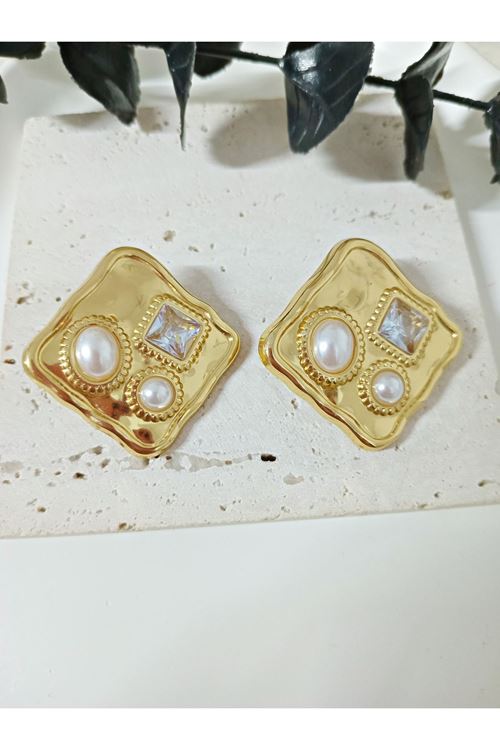 Çelik Gold Beyaz Taşlı Kare Büyük Küpe