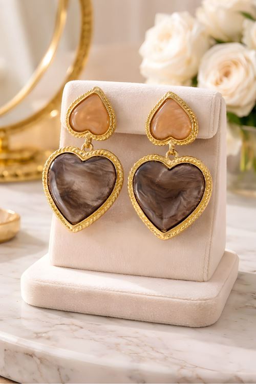 Gold Kahverengi Çiftli Kalp Küpe