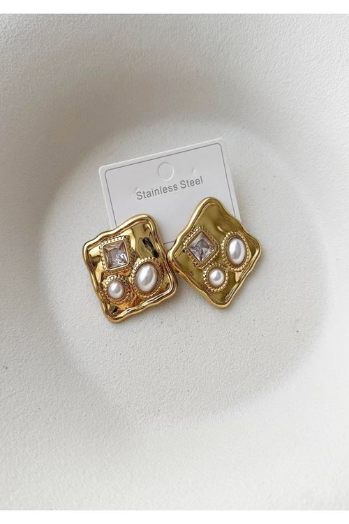 Çelik Gold Beyaz Taşlı Kare Büyük Küpe
