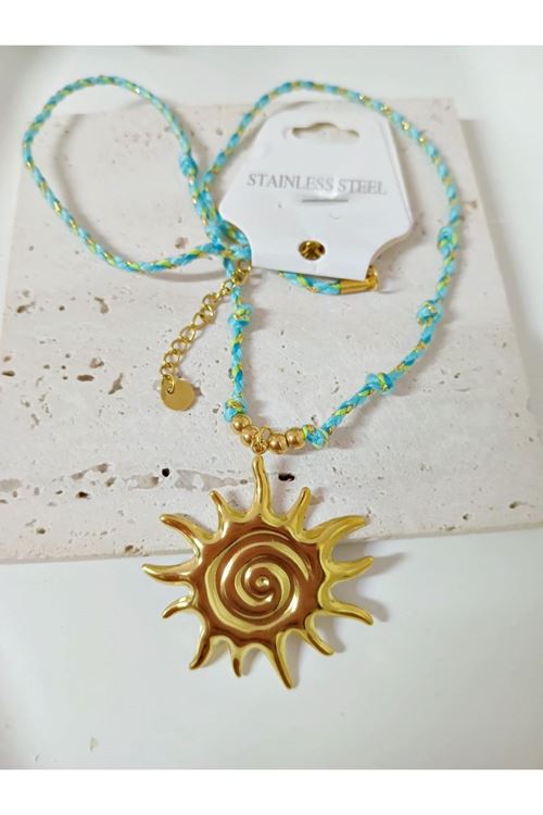 Çelik Gold Güneş Mavi Zincirli Elegant Kolye