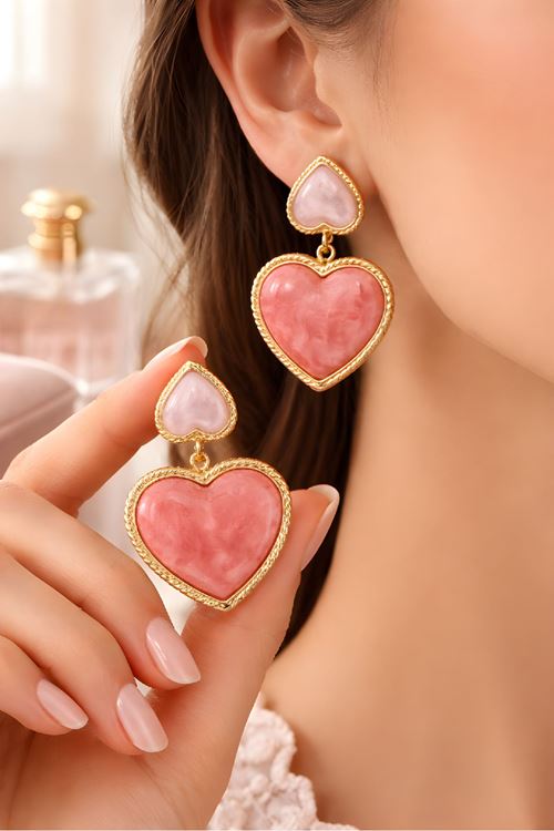 Gold Pembe Çiftli Kalp Küpe