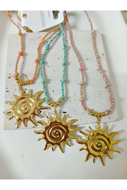 Çelik Gold Güneş Mavi Zincirli Elegant Kolye