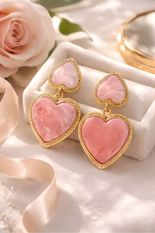 Gold Pembe Çiftli Kalp Küpe