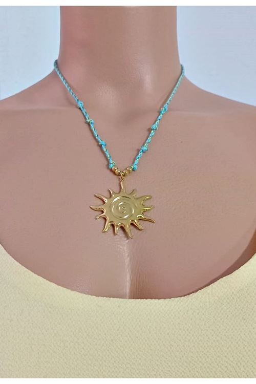 Çelik Gold Güneş Mavi Zincirli Elegant Kolye