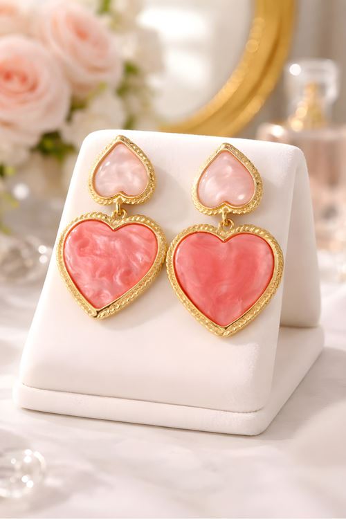 Gold Pembe Çiftli Kalp Küpe