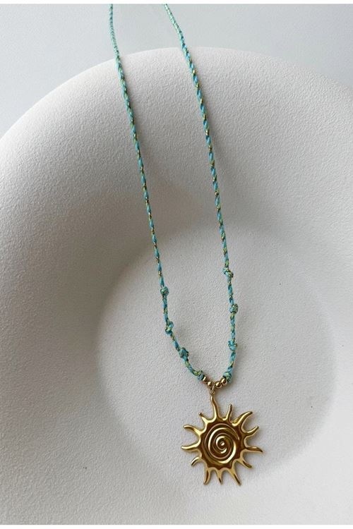 Çelik Gold Güneş Mavi Zincirli Elegant Kolye