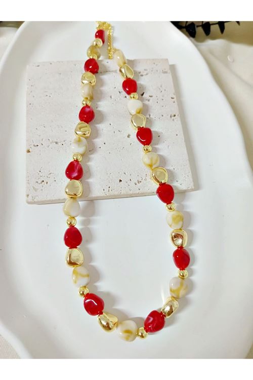Bordo Krem Gold Boncuklu Şık Kadın Kolye