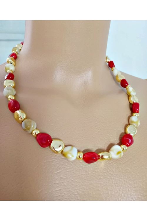 Bordo Krem Gold Boncuklu Şık Kadın Kolye