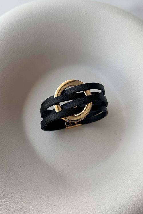 Siyah Suni Deri Gold Tokalı Bileklik, Mıknatıslı