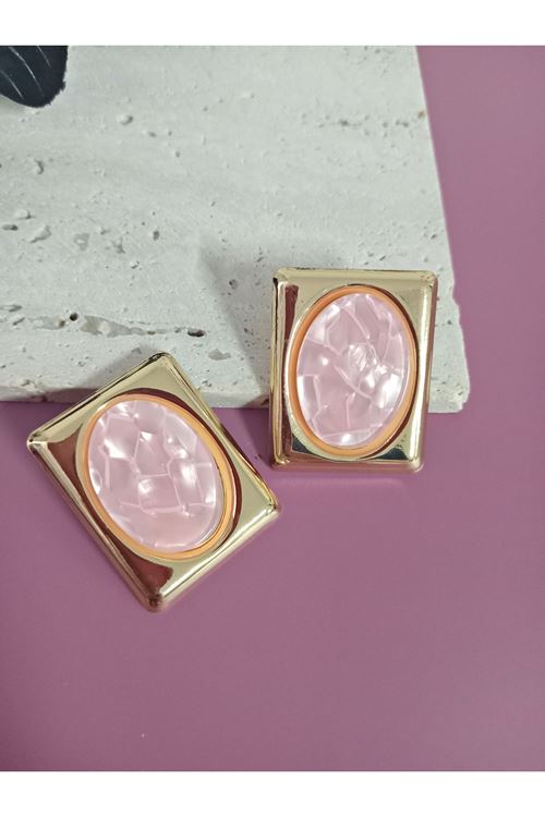 Çelik Pembe Sedefli Dörtgen Kadın Küpe