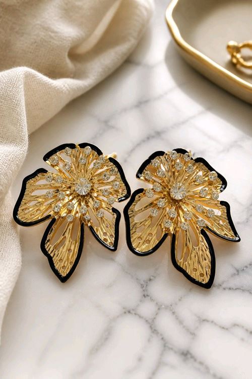 Marka Model, Gold Taşlı Siyah Rimli Büyük Küpe
