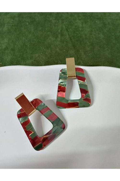 Bordo Yeşil Detaylı Şık Kadın Küpe