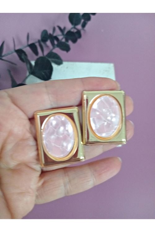 Çelik Pembe Sedefli Dörtgen Kadın Küpe