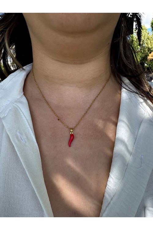 Paslanmaz Çelik Kırmızı Minimal Biber Uçlu Kolye