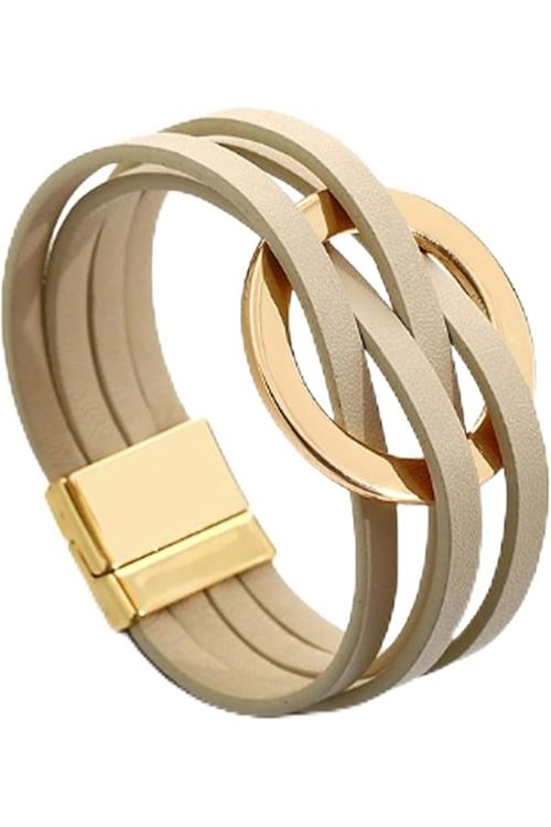 Krem Suni Derili Gold Tokalı Bileklik, Mıknatıslı