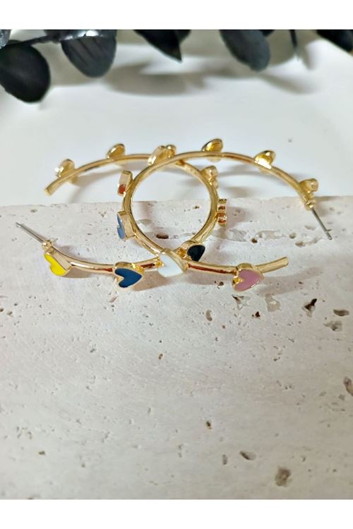 Çelik Gold Renkli Kalpli Halka Kadın Küpe