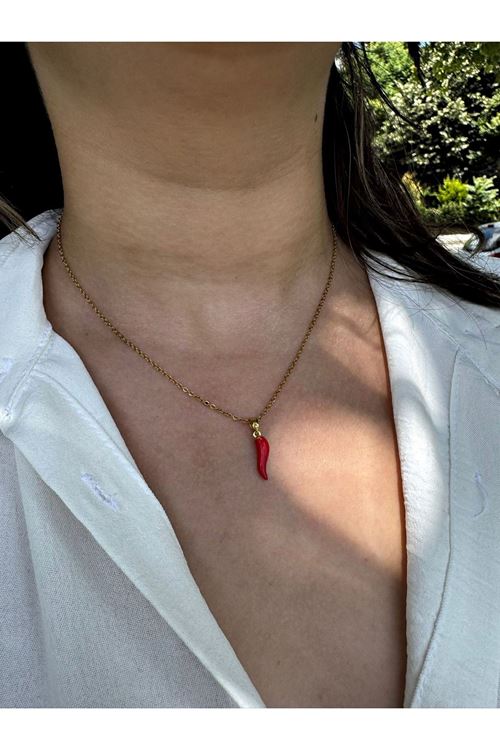 Paslanmaz Çelik Kırmızı Minimal Biber Uçlu Kolye