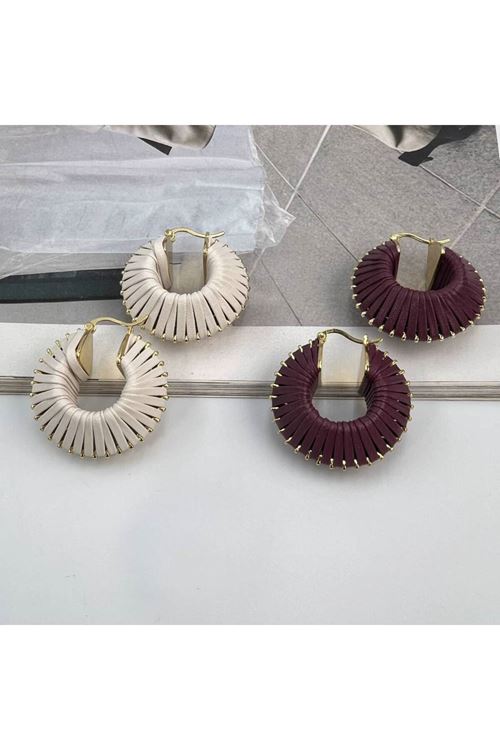 Bordo Deri Halka Şık Kadın Küpe