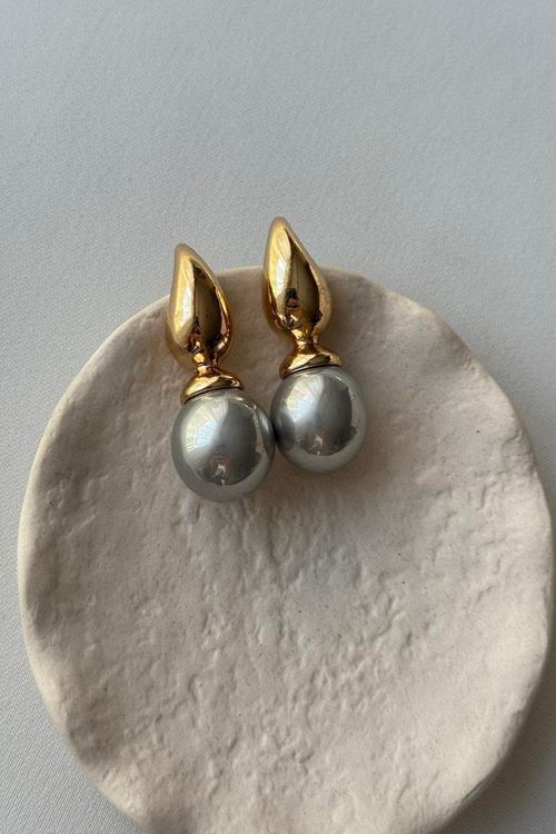 Gold Gri Incili Abiye Günlük Şık Kadın Küpe