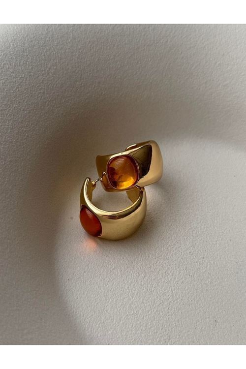 Turuncu Taşlı Gold Marka C Şekil Halka Küpe