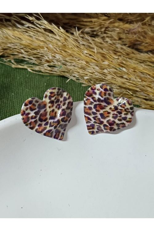 Kalp Leopar Palaka Şık Kadın Küpe