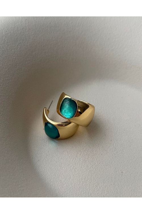 Mavi Taşlı Gold Marka C Şekil Halka Küpe
