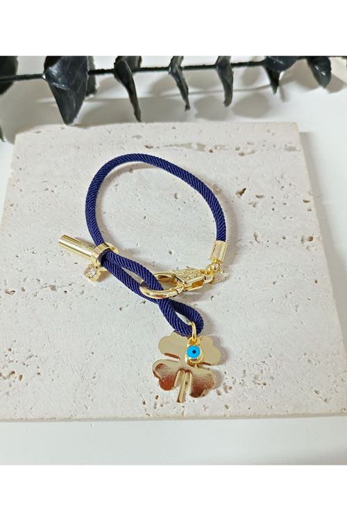 Lacivert İp Yonca Şans Bilekliği