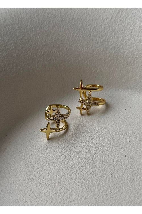 İkili Yıldız Kıkırdak Küpe Gold