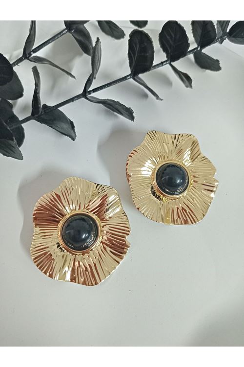 Marka Model, Siyah Taşlı Gold Büyük Çiçek Kadın Küpe