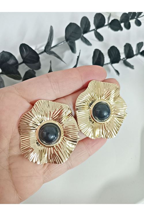 Marka Model, Siyah Taşlı Gold Büyük Çiçek Kadın Küpe