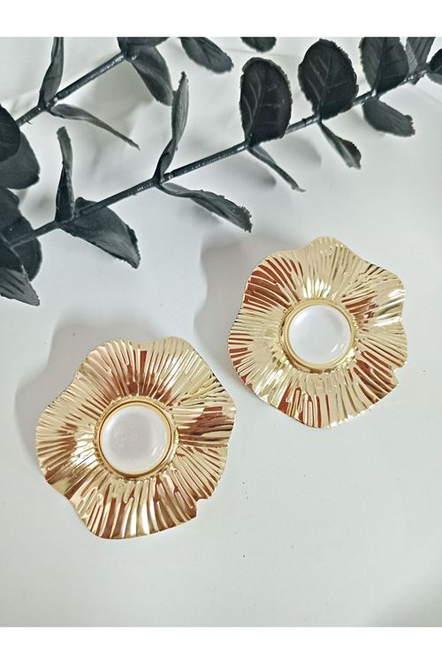 Beyaz Taşlı Gold Büyük Çiçek Kadın Küpe