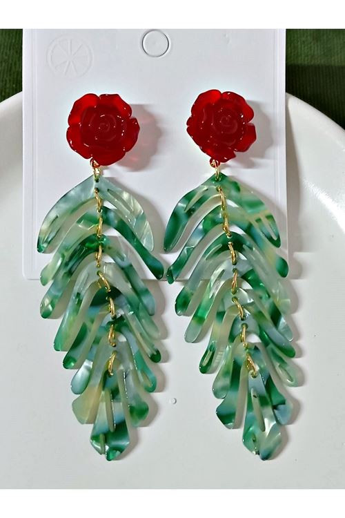 Reçine Yeşil Yaprak Uzun Havalı Kadın Küpe
