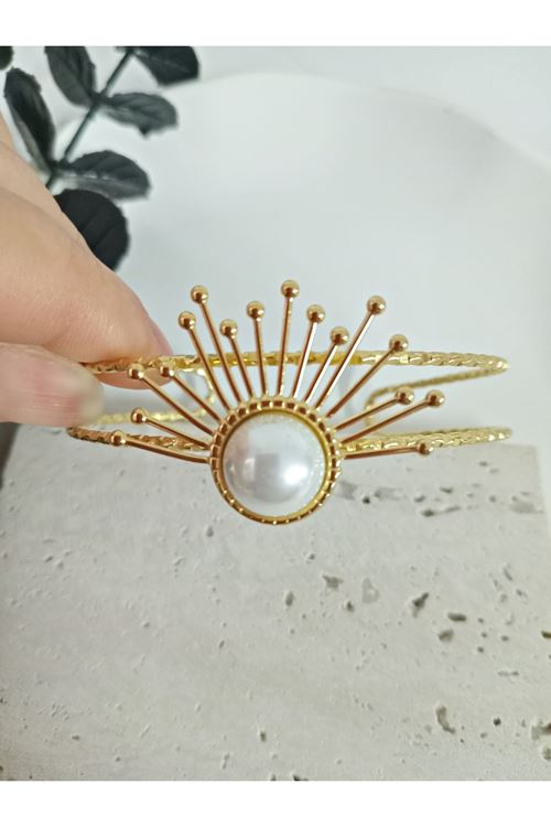 Çelik Gold İncili Güneş Kelepçe Bileklik Bilezik Ayarlanabilir