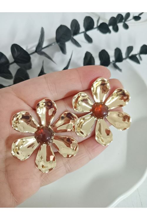 Gold Kahverengi Taşlı Çiçek Kadın Küpe, Hafif