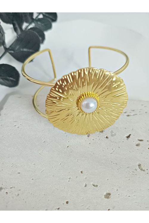 Çelik Gold İncili Kelepçe Bileklik Bilezik Ayarlanabilir
