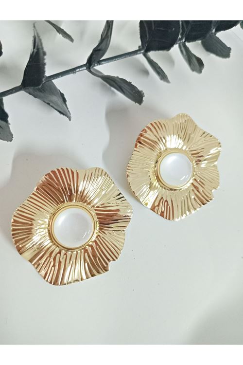 Beyaz Taşlı Gold Büyük Çiçek Kadın Küpe