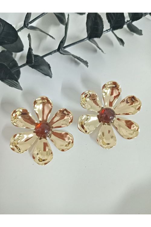 Gold Kahverengi Taşlı Çiçek Kadın Küpe, Hafif
