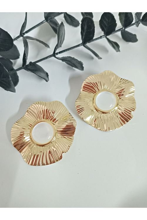 Beyaz Taşlı Gold Büyük Çiçek Kadın Küpe