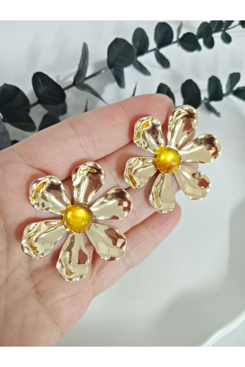 Marka Model, Gold Sarı Taşlı Çiçek Kadın Küpe, Hafif