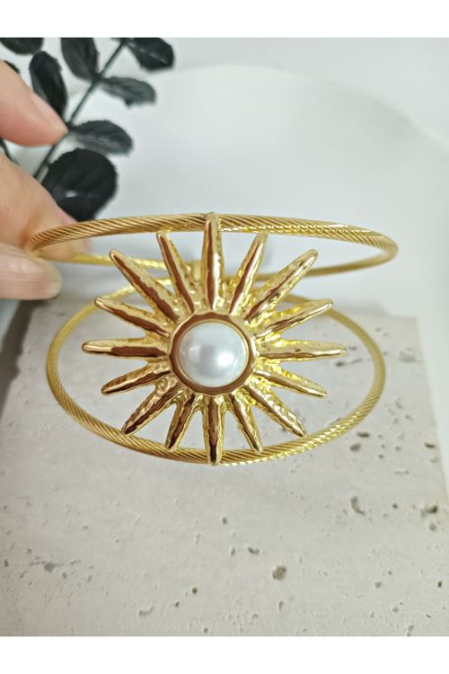 Çelik Gold İncili Güneş Kelepçe Bileklik Bilezik Ayarlanabilir