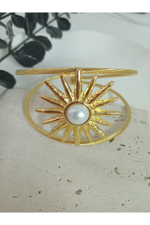 Çelik Gold İncili Güneş Kelepçe Bileklik Bilezik Ayarlanabilir
