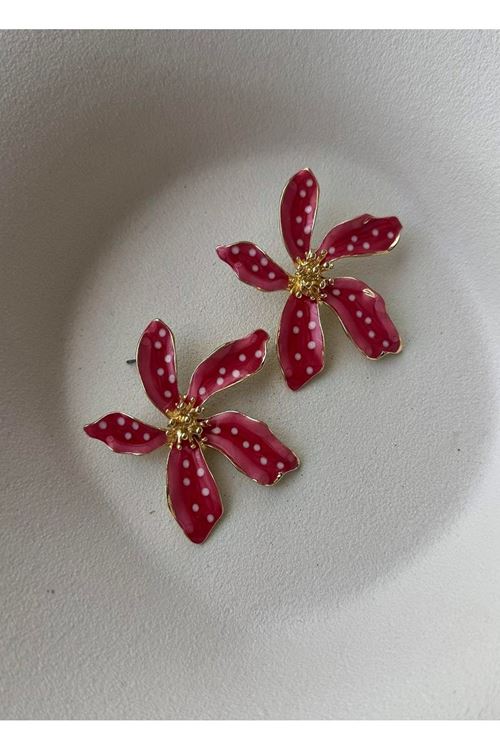 Kırmızı Mineli Çiçek Yaz Modası Şık Kadın Küpe-büyük