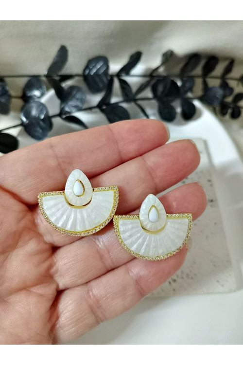 3 Çift Çelik Yeşil Pembe Beyaz Yelpaze Küpe Seti
