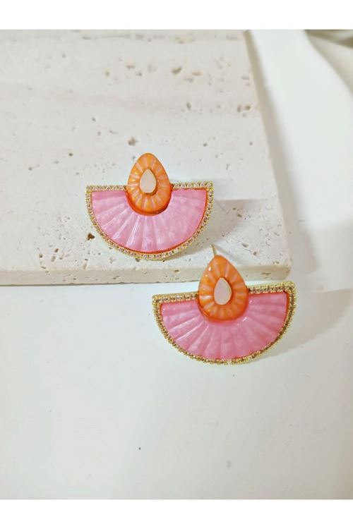 3 Çift Çelik Yeşil Pembe Beyaz Yelpaze Küpe Seti