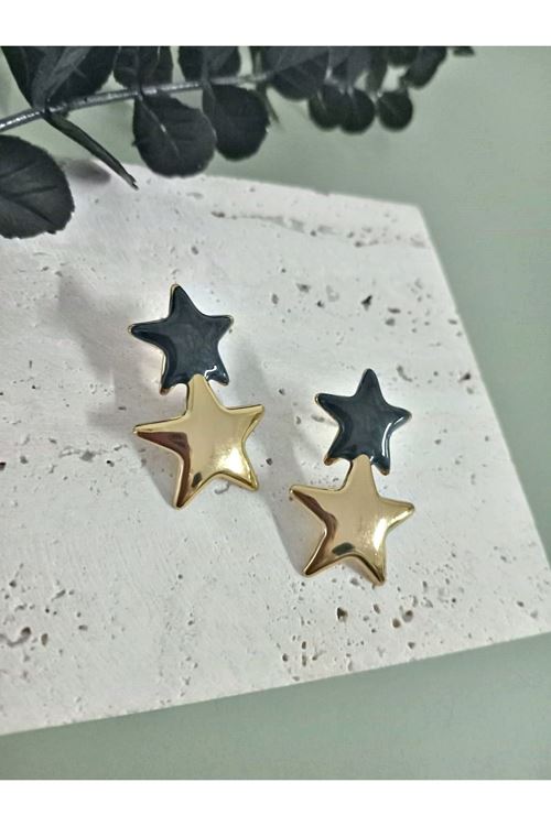 Paslanmaz Çelik Gold Siyah Yıldız Klasik Şık Küpe