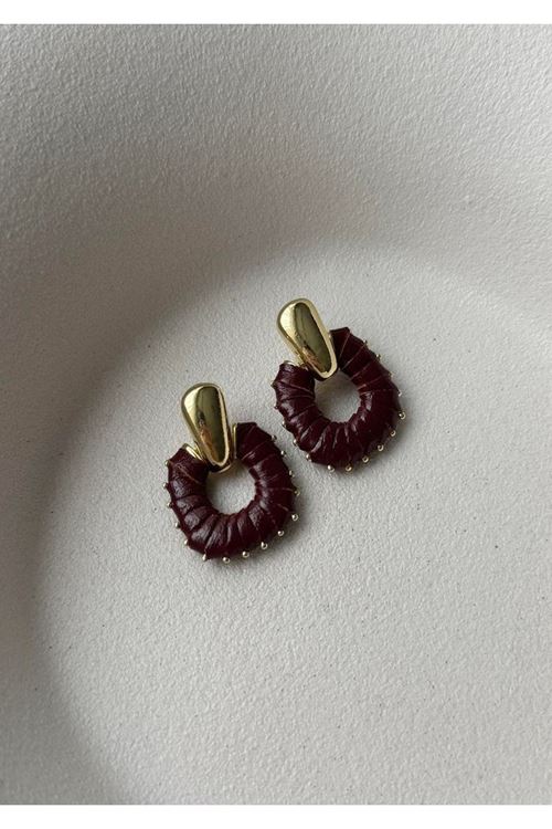 Bordo Deri Küpe, Uzunluk: 3,5cm