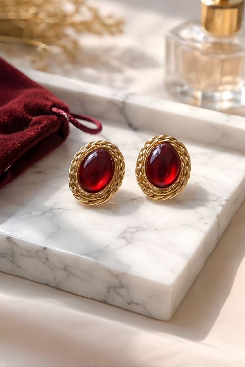 Çelik Gold Kırmızı Taşlı Küpe
