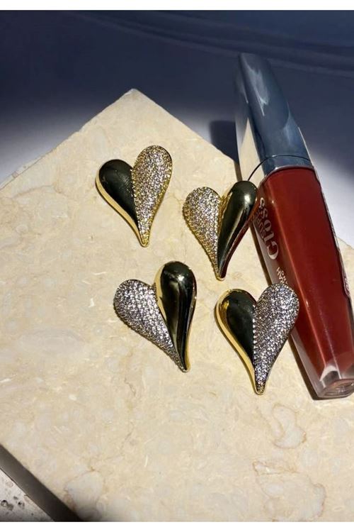 Gold Taşlı Kalp Şık Kadın Küpe